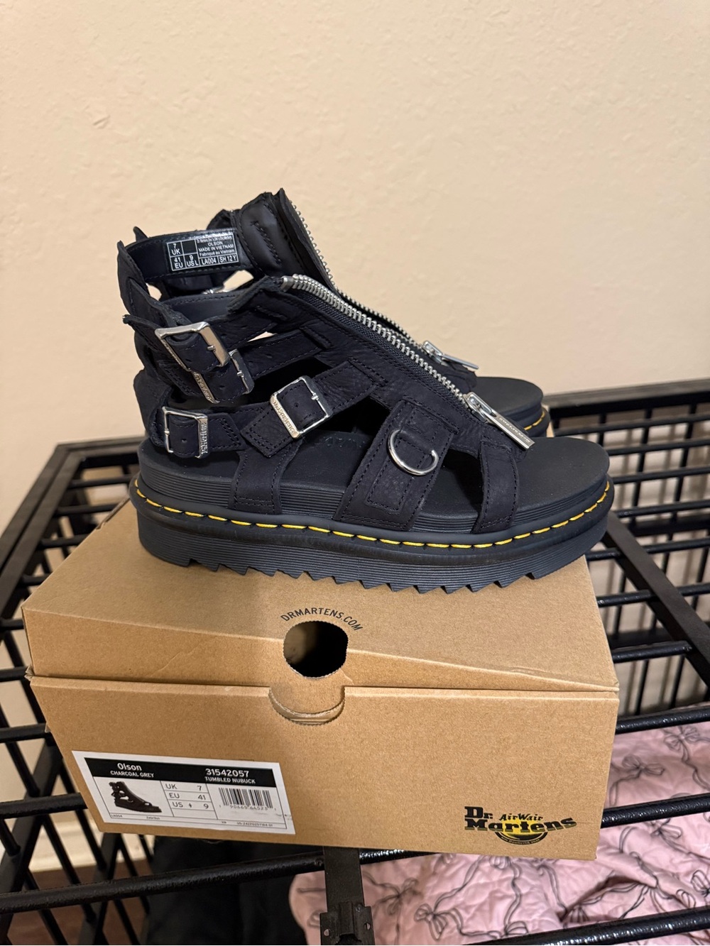 Dr. Martens Black Gladiator Platform Sandal with Yellow Stitching